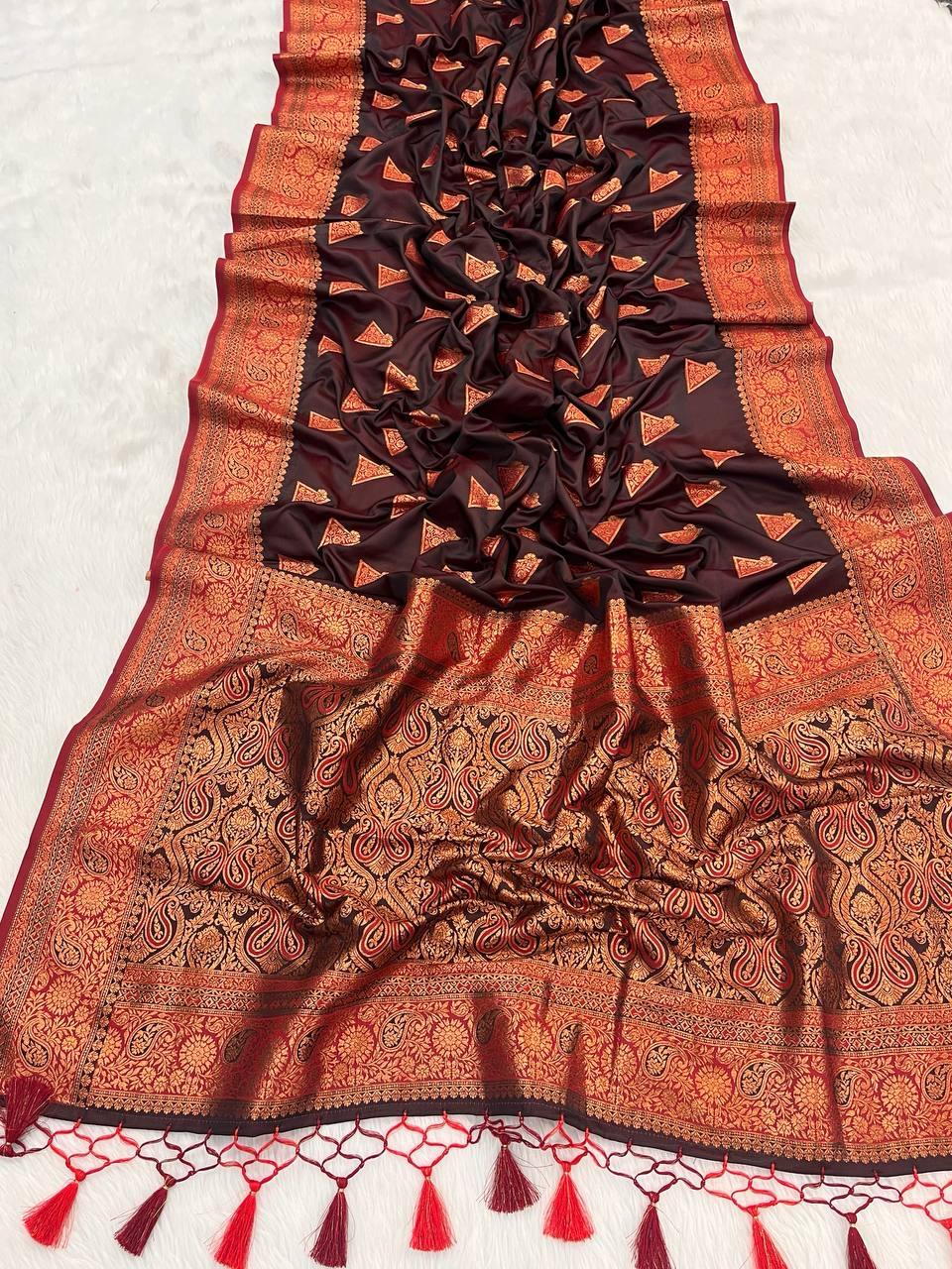 Pleasant Wine Soft Banarasi Silk Saree With Tempting Blouse Piece