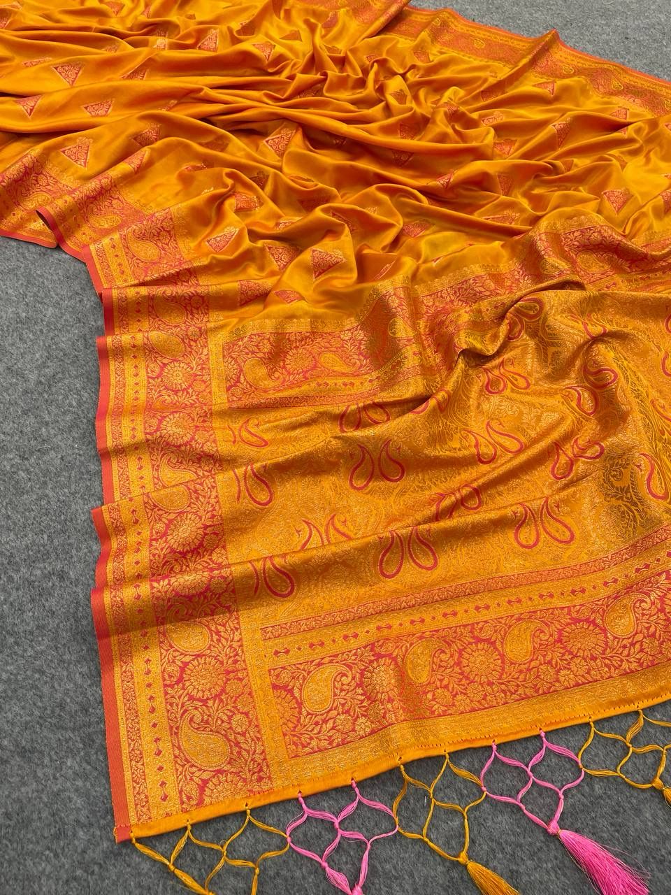 Adorable Yellow Soft Banarasi Silk Saree With Transcendent Blouse Piece