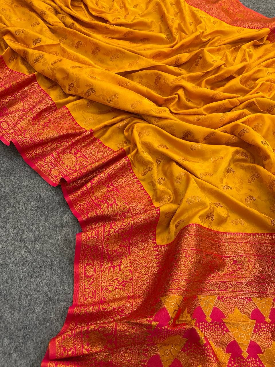 Skinny Yellow Soft Banarasi Silk Saree With Profuse Blouse Piece