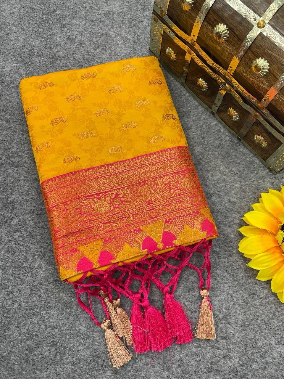 Skinny Yellow Soft Banarasi Silk Saree With Profuse Blouse Piece