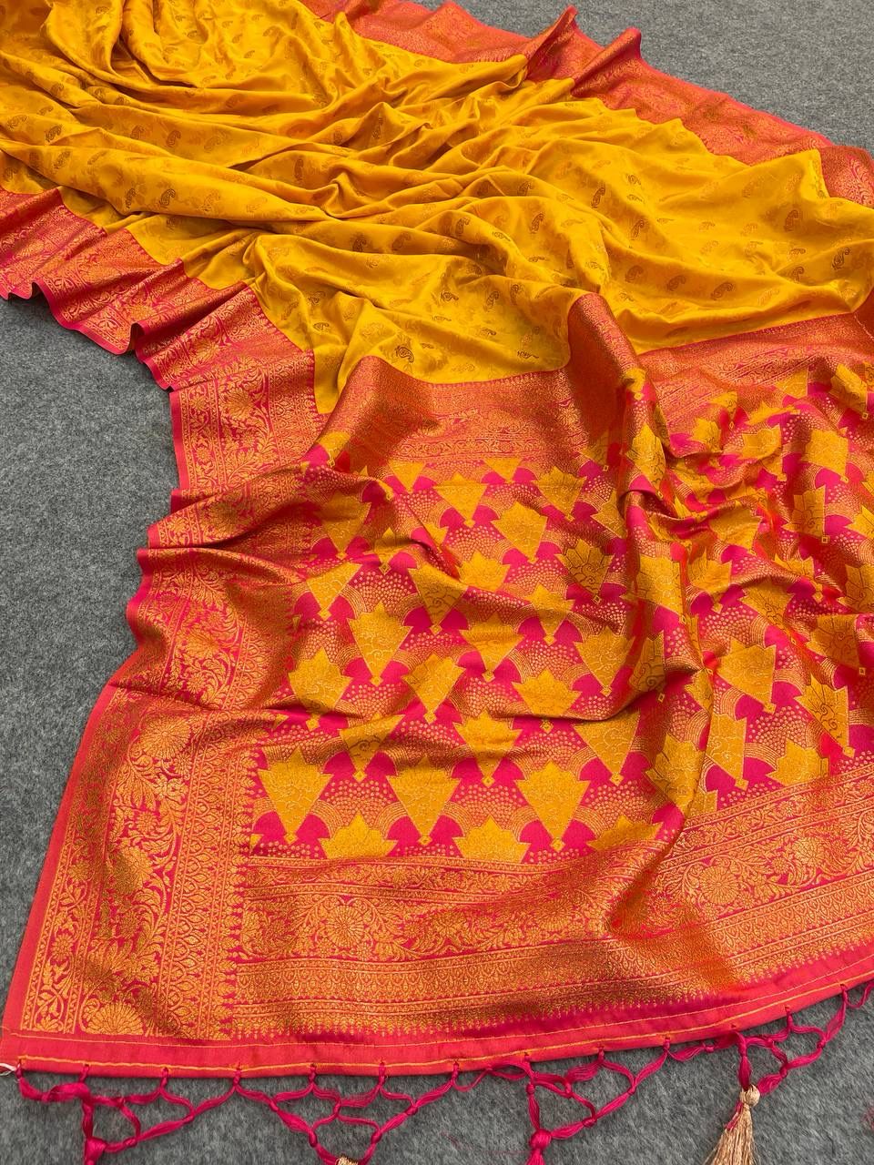 Skinny Yellow Soft Banarasi Silk Saree With Profuse Blouse Piece