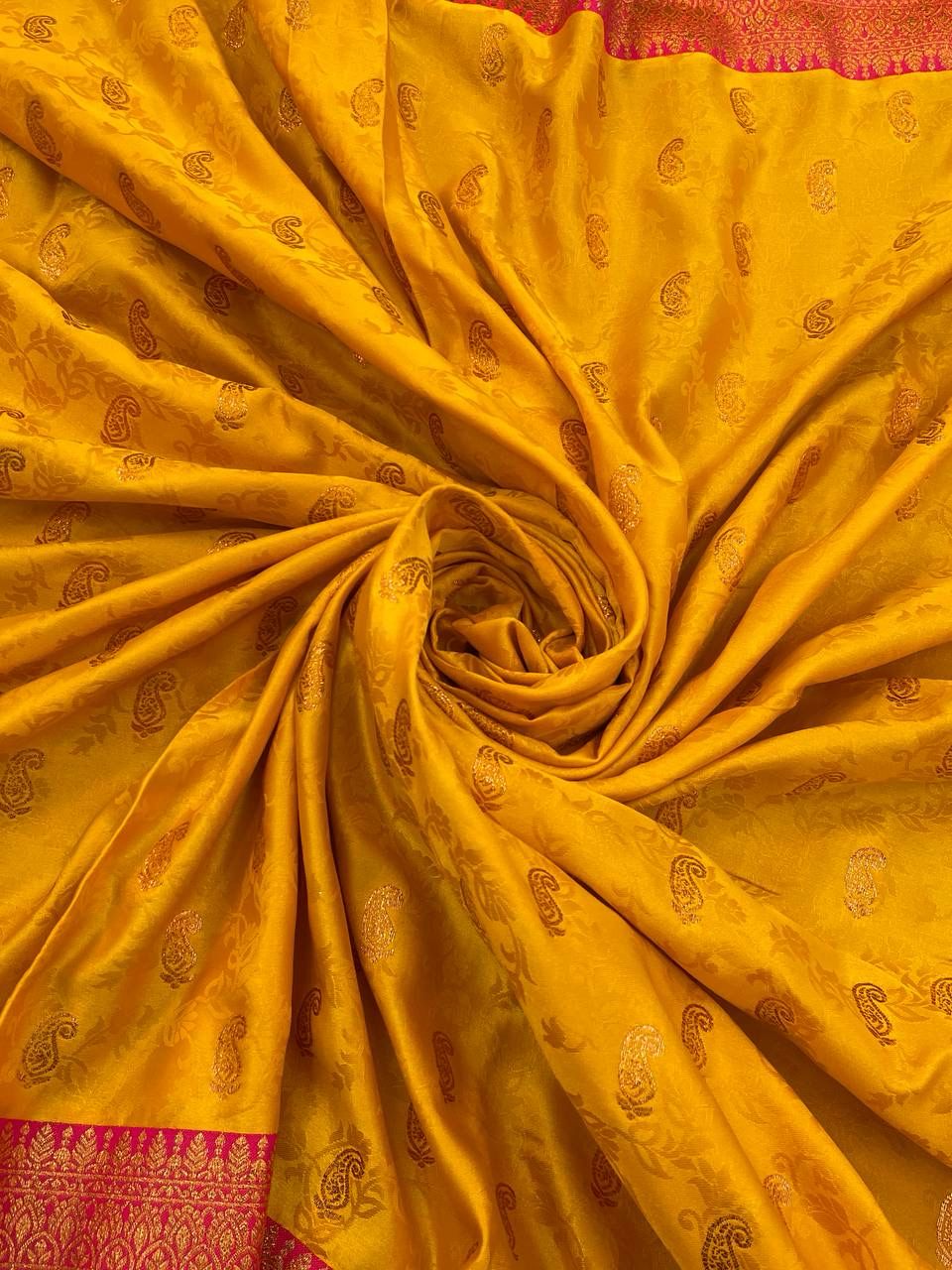 Skinny Yellow Soft Banarasi Silk Saree With Profuse Blouse Piece