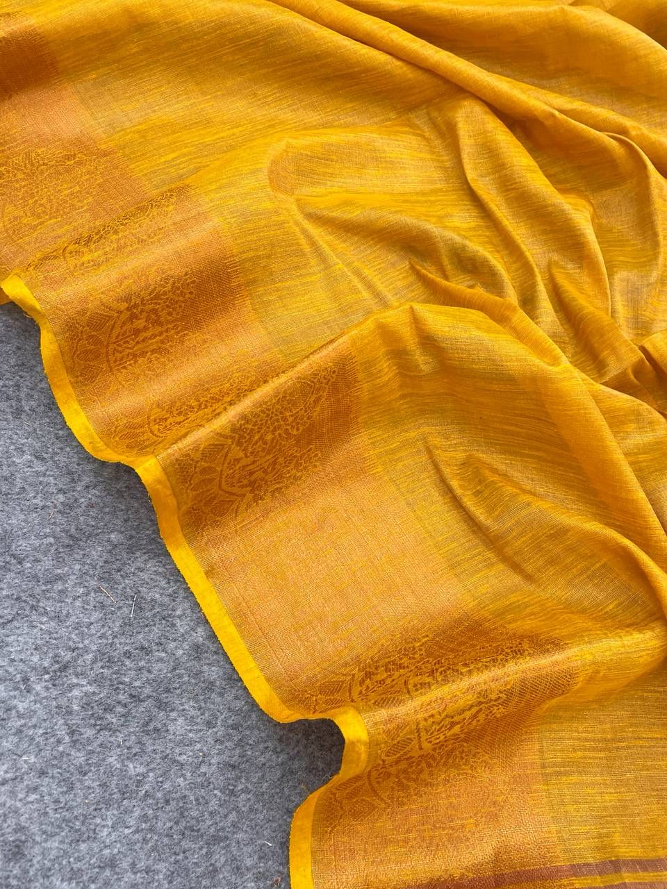 Allure Yellow Cotton Silk Saree With Super extravagant Blouse Piece