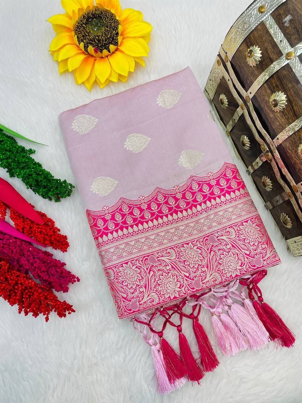 Smashing Baby Pink Soft Banarasi Silk Saree With Lustrous Blouse Piece