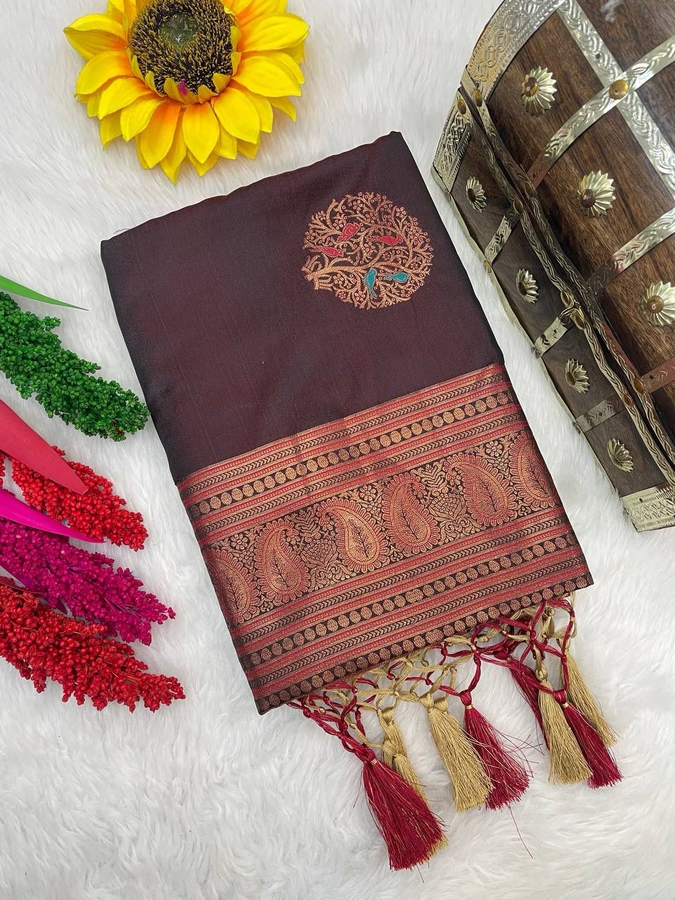 Vestigial Brown Soft Banarasi Silk Saree With Resplendent Blouse Piece