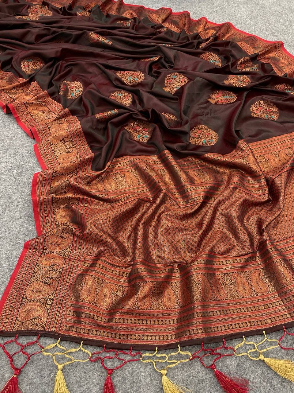 Vestigial Brown Soft Banarasi Silk Saree With Resplendent Blouse Piece