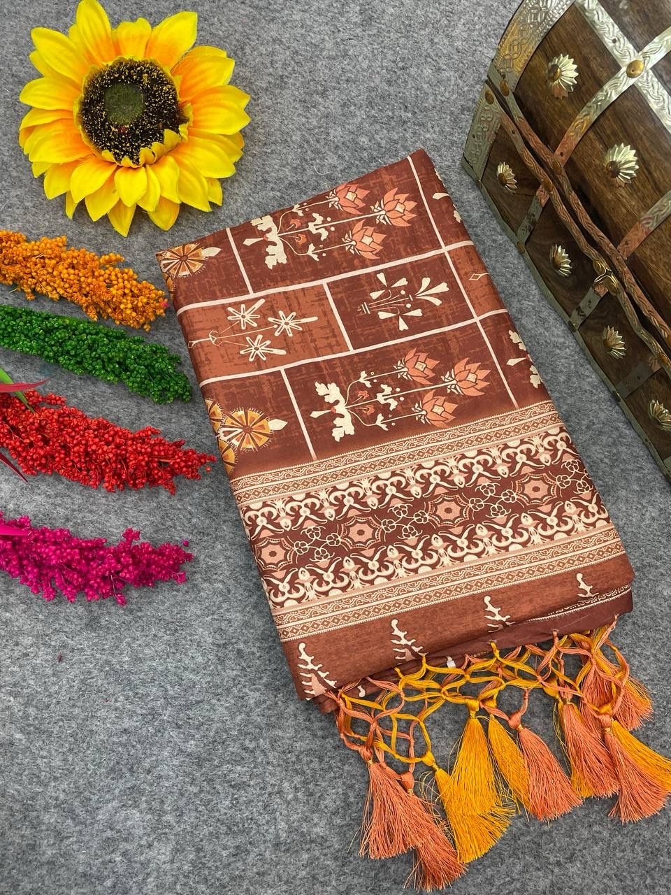 Brood Brown Digital Printed Dola Silk Saree With Seraphic Blouse Piece