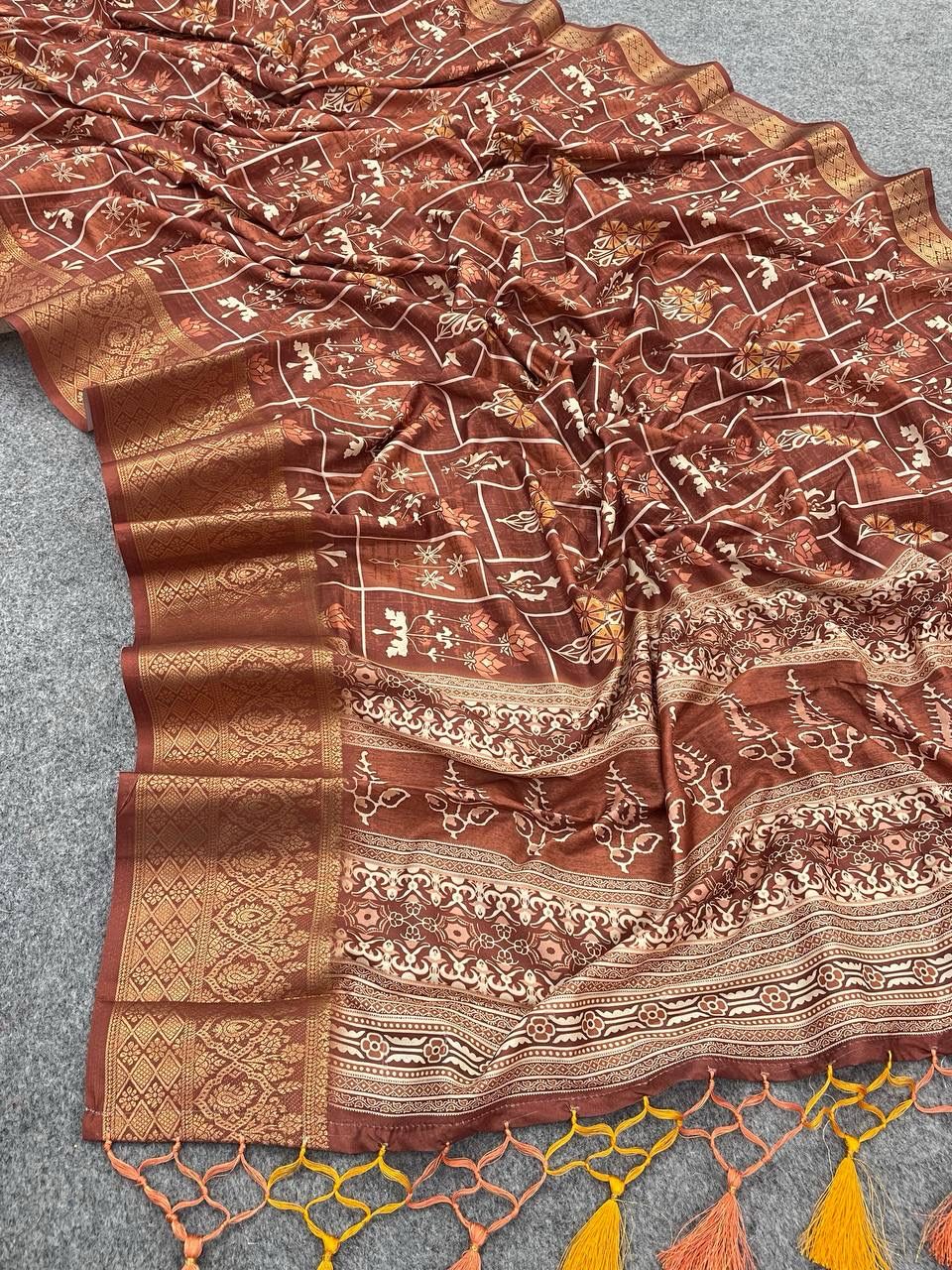 Brood Brown Digital Printed Dola Silk Saree With Seraphic Blouse Piece