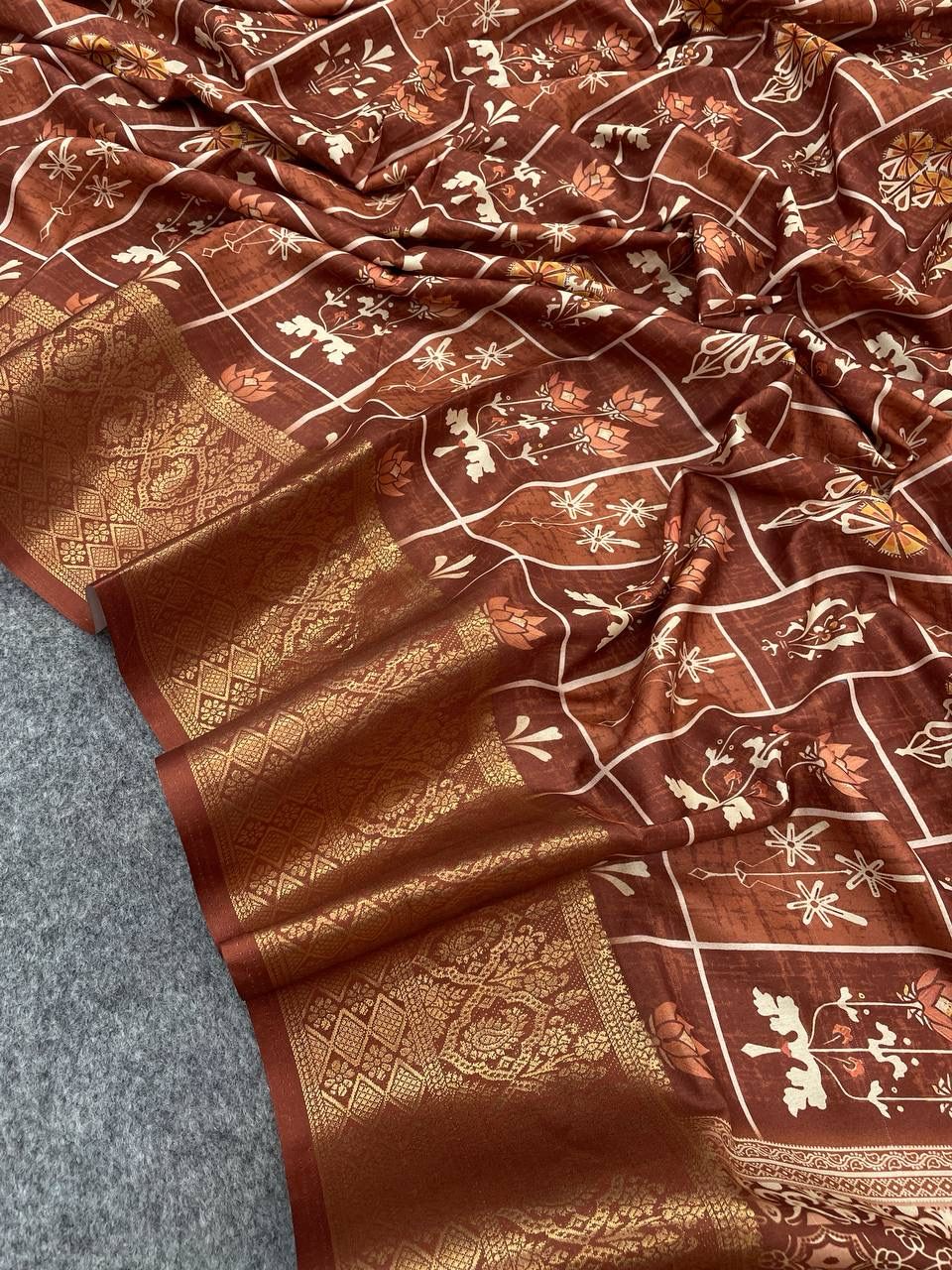 Brood Brown Digital Printed Dola Silk Saree With Seraphic Blouse Piece