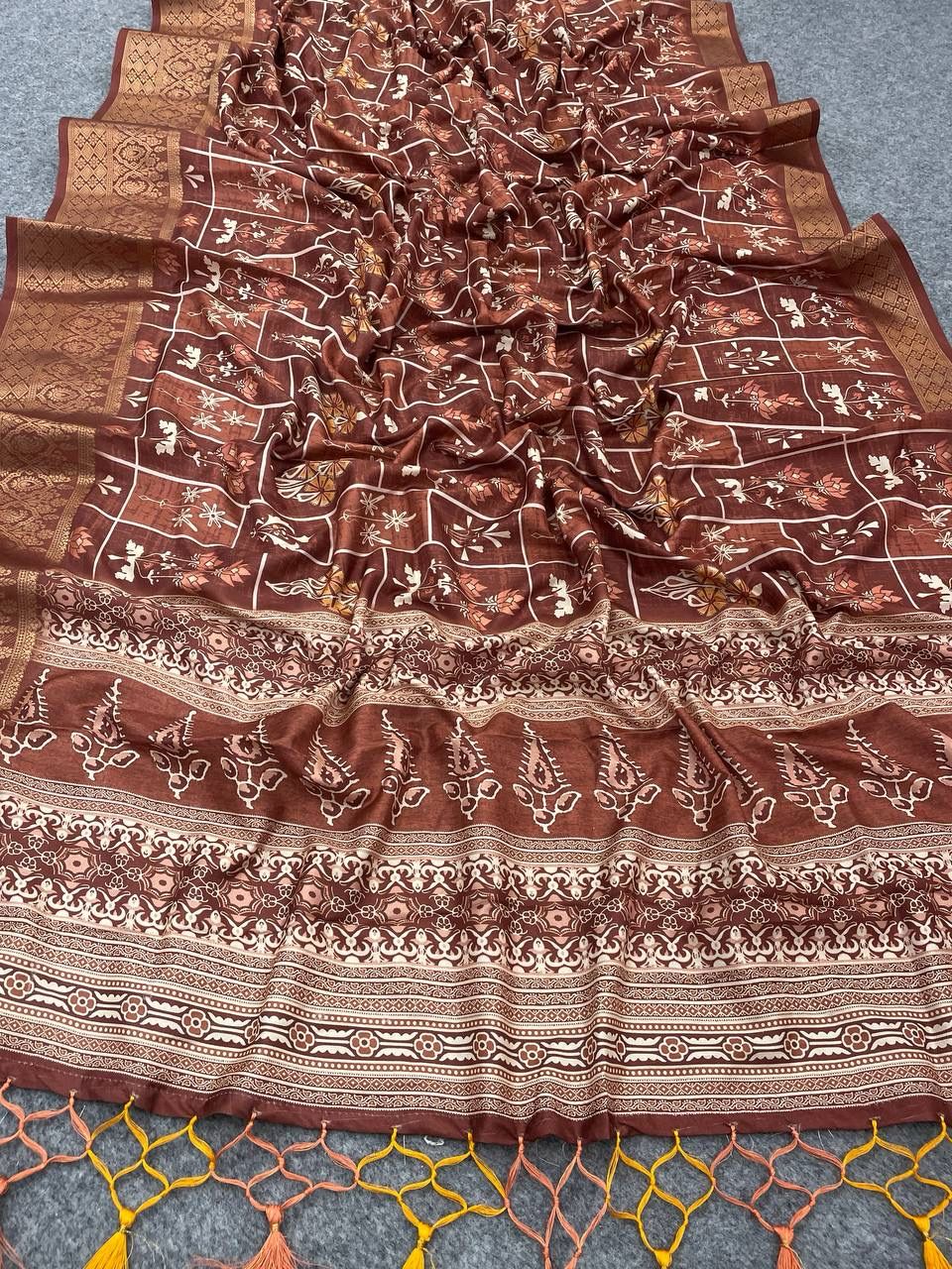 Brood Brown Digital Printed Dola Silk Saree With Seraphic Blouse Piece