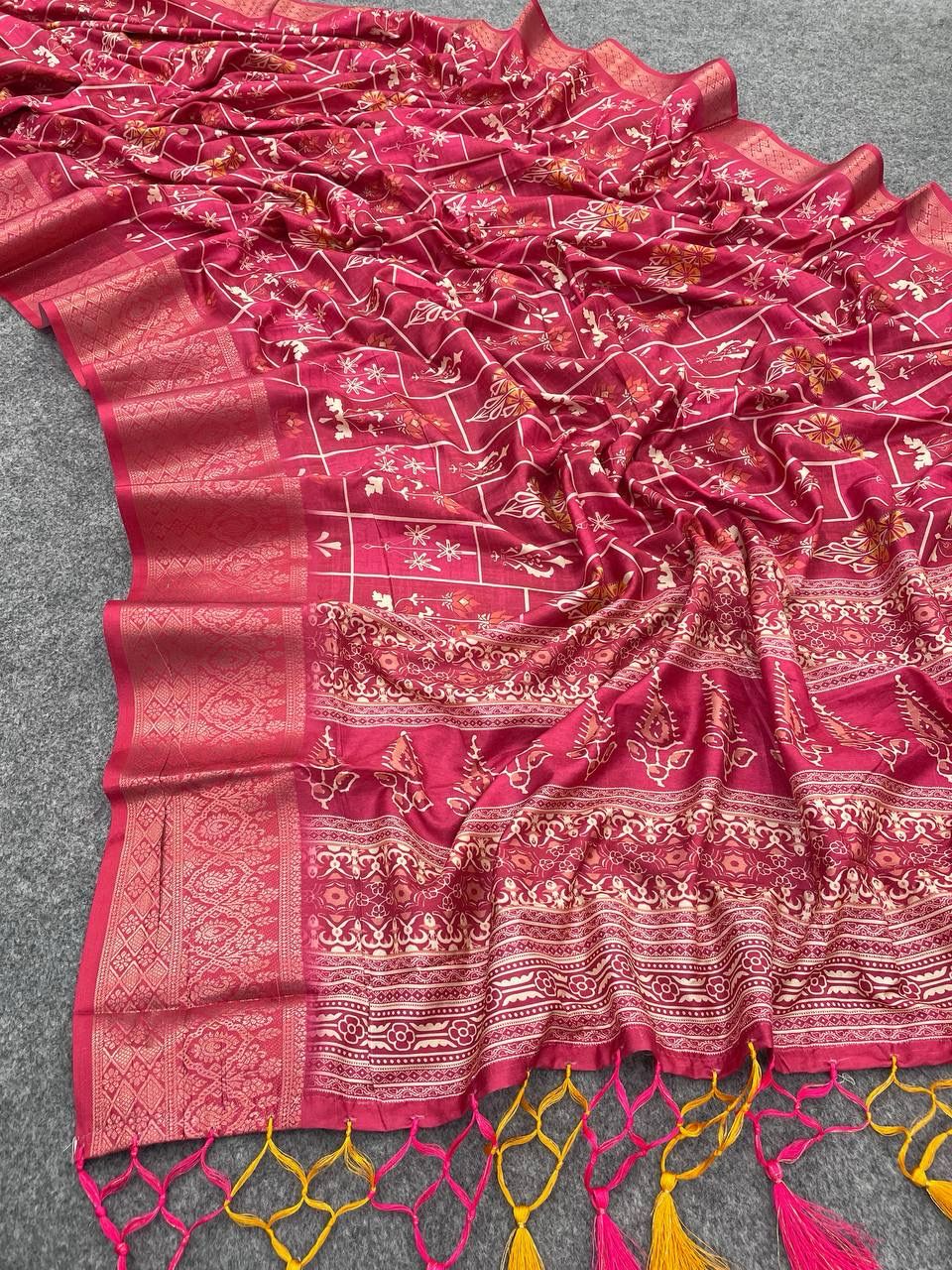 Diaphanous Dark Pink Digital Printed Dola Silk Saree With Nectarous Blouse Piece