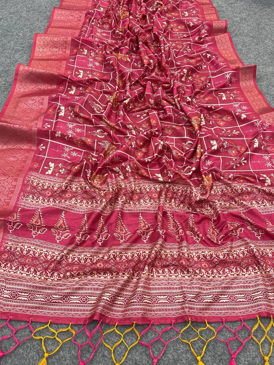 Diaphanous Dark Pink Digital Printed Dola Silk Saree With Nectarous Blouse Piece