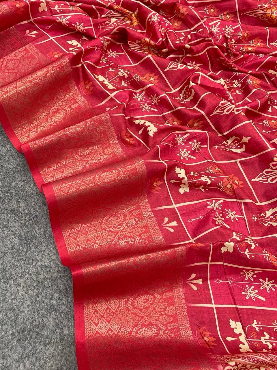 Diaphanous Dark Pink Digital Printed Dola Silk Saree With Nectarous Blouse Piece