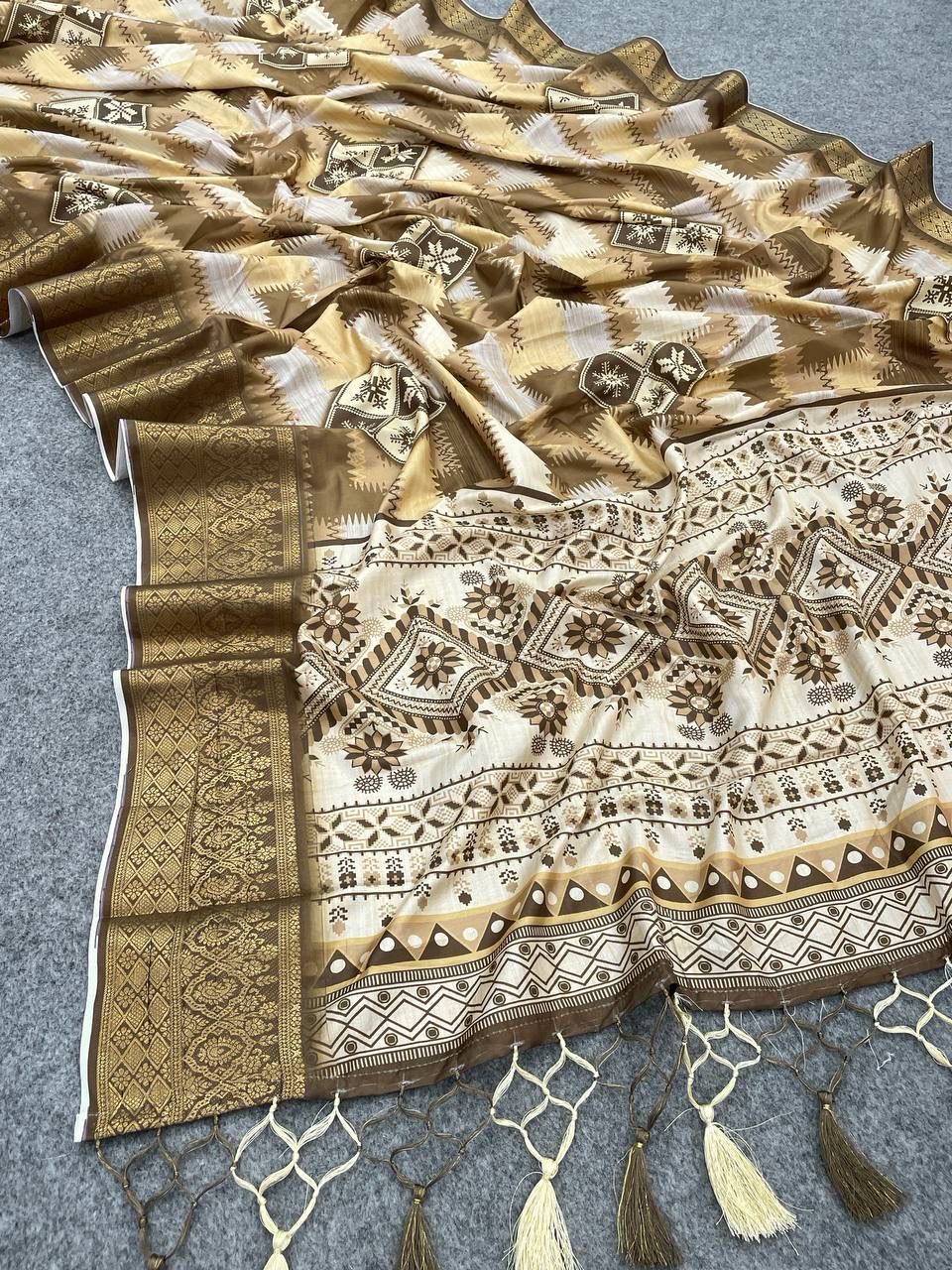 A glam Brown Digital Printed Dola Silk Saree With Winsome Blouse Piece