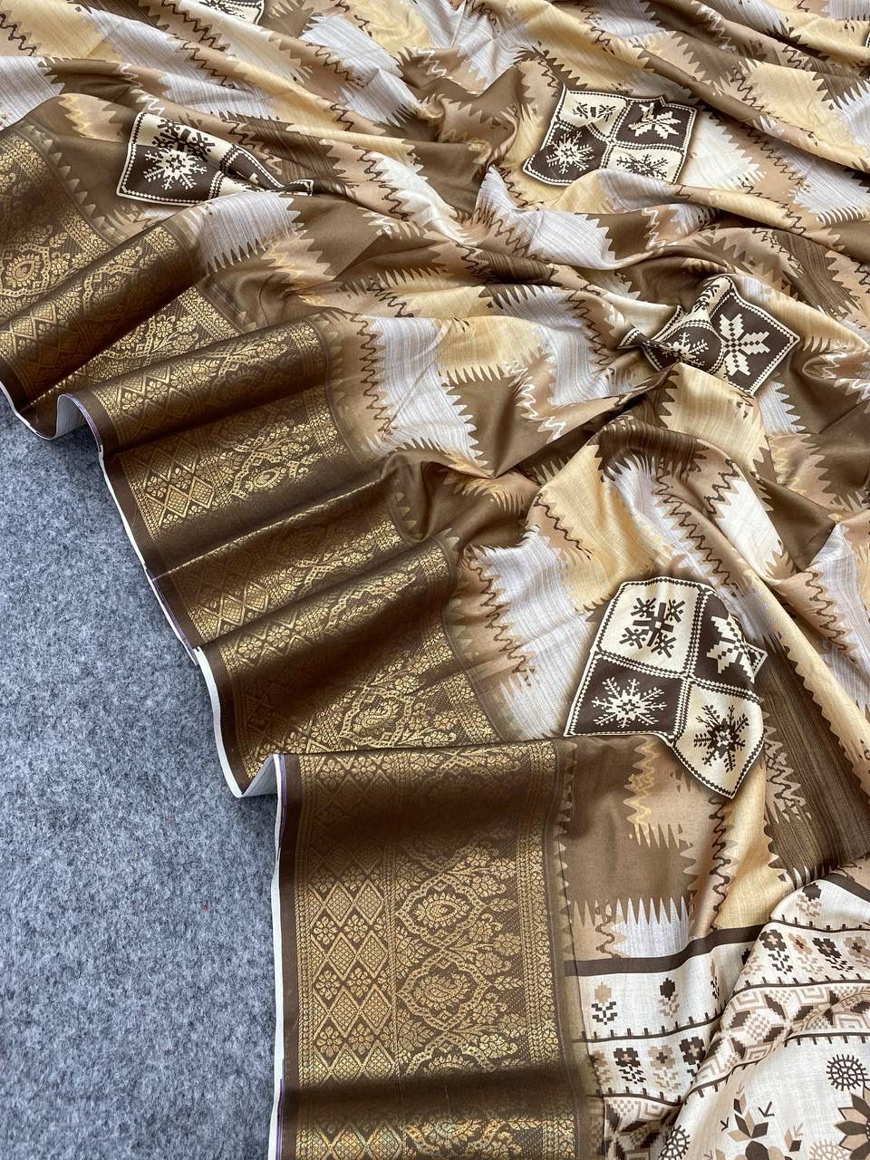 A glam Brown Digital Printed Dola Silk Saree With Winsome Blouse Piece