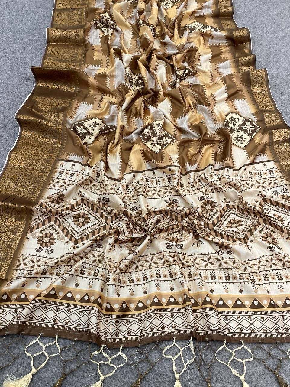 A glam Brown Digital Printed Dola Silk Saree With Winsome Blouse Piece