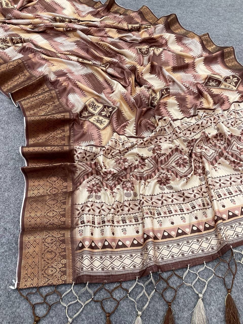 Most Flattering Copper Digital Printed Dola Silk Saree With Embellished Blouse Piece