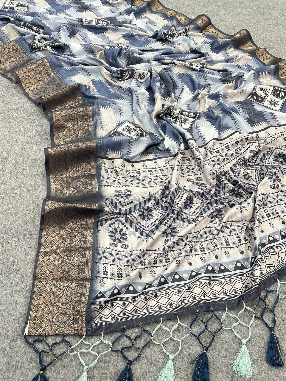 Delightful Grey Digital Printed Dola Silk Saree With Ethereal Blouse Piece