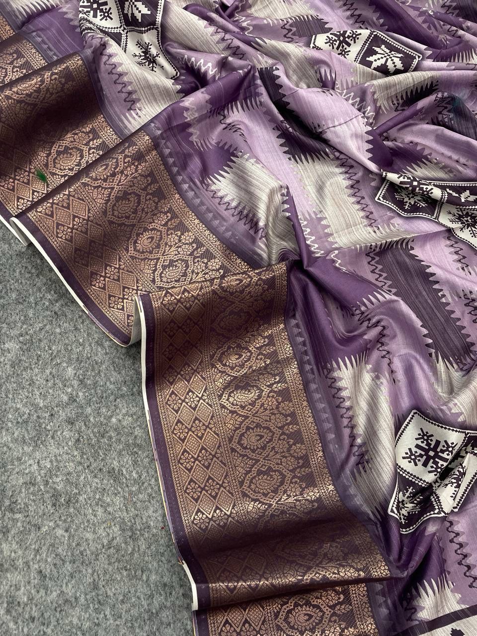 Blissful Purple Digital Printed Dola Silk Saree With Cynosure Blouse Piece