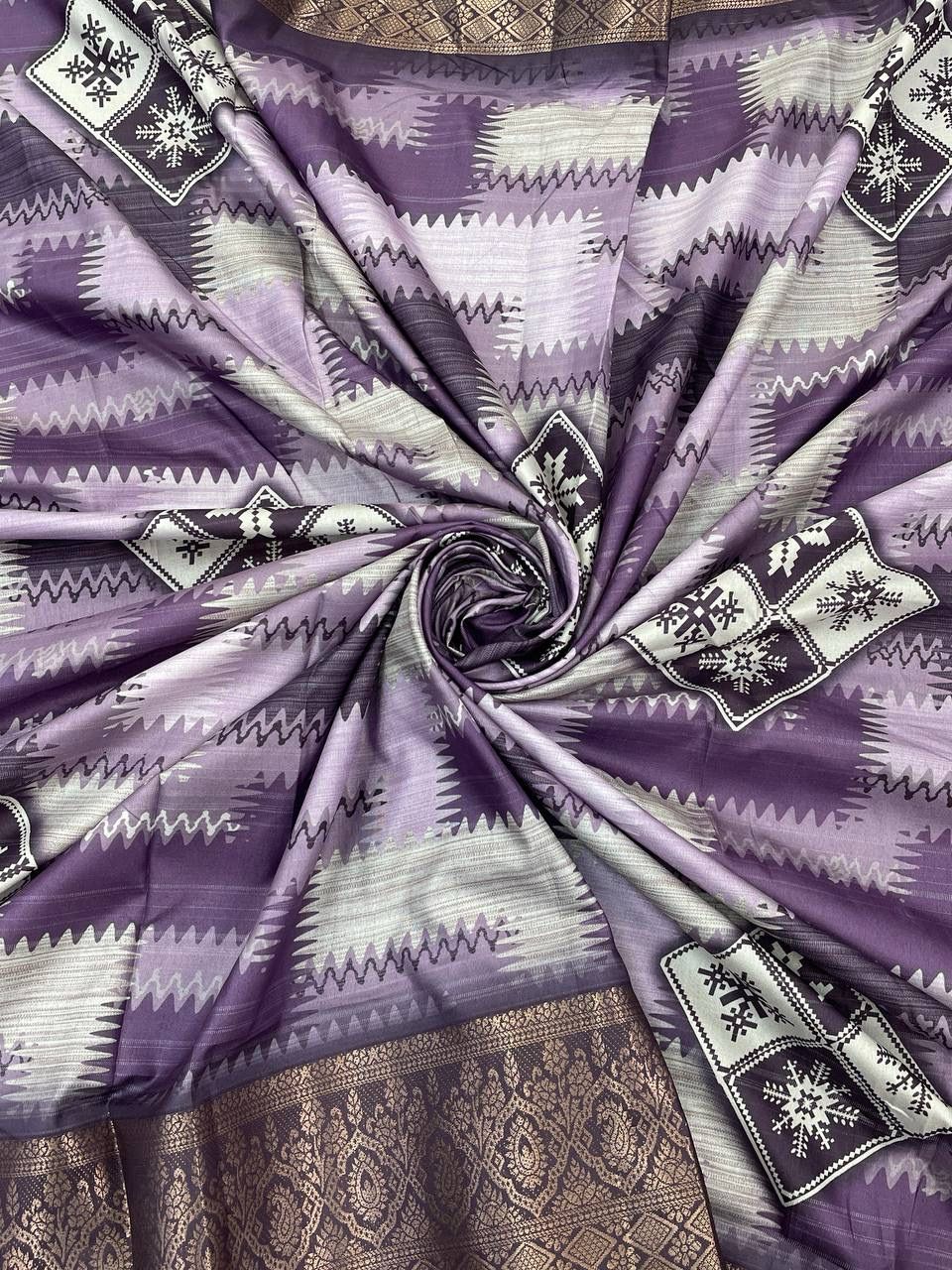 Blissful Purple Digital Printed Dola Silk Saree With Cynosure Blouse Piece