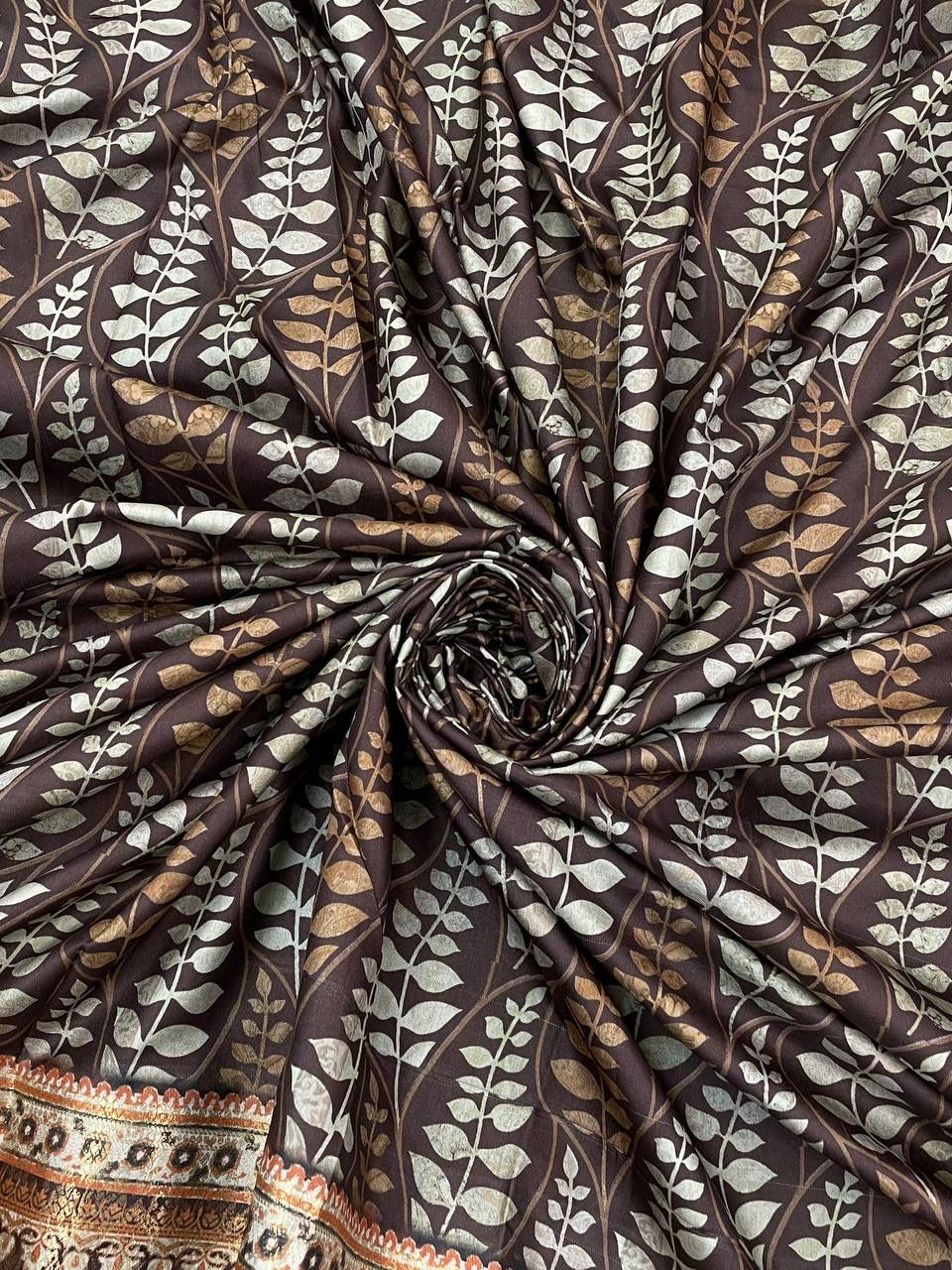 Girlish Brown Digital Printed Dola Silk Saree With Nebula Blouse Piece