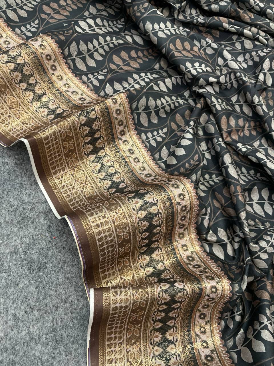 Charming Copper Digital Printed Dola Silk Saree With Eclat Blouse Piece