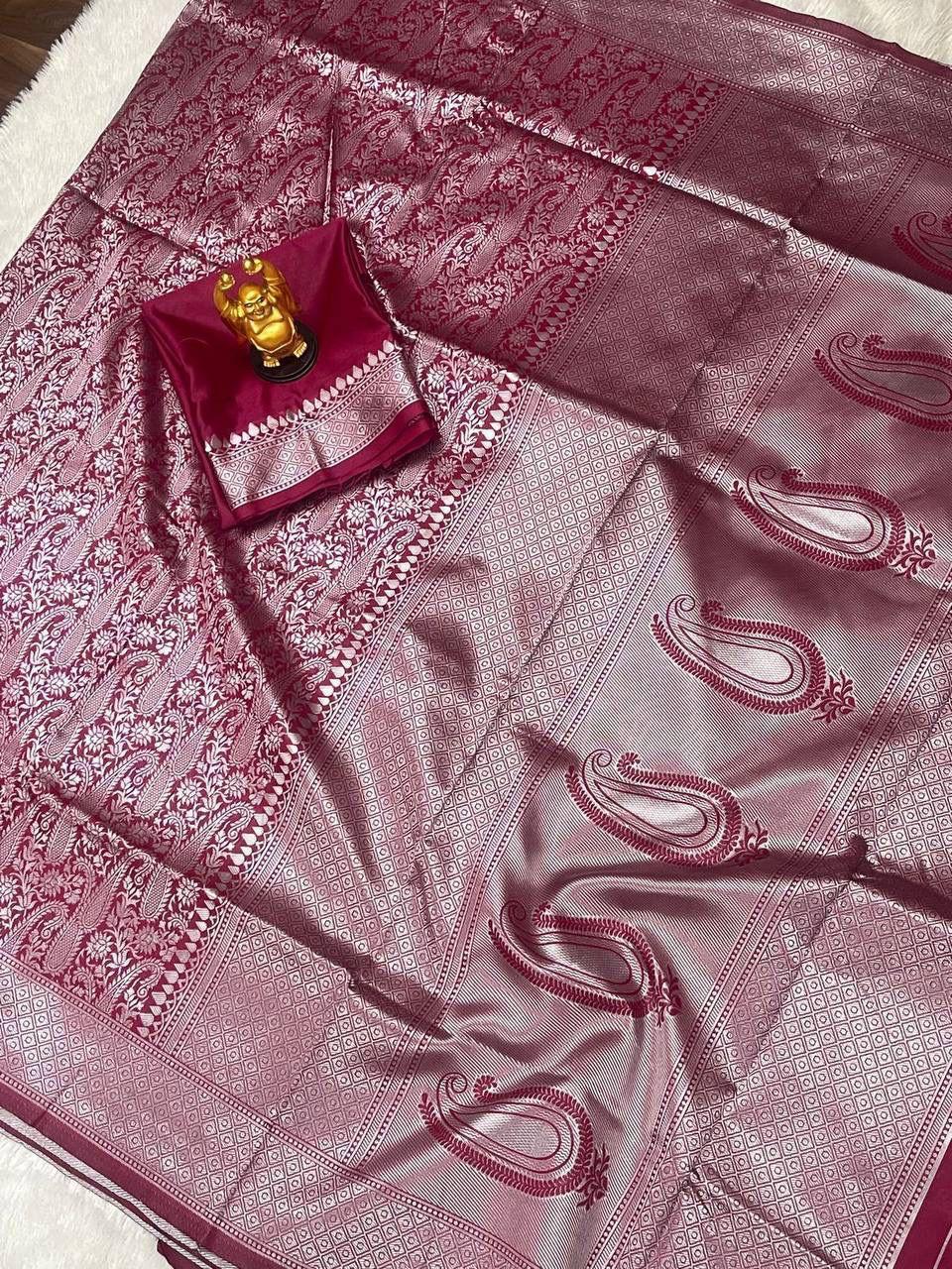 Gossamer Wine Soft Banarasi Silk Saree with Divine Blouse Piece