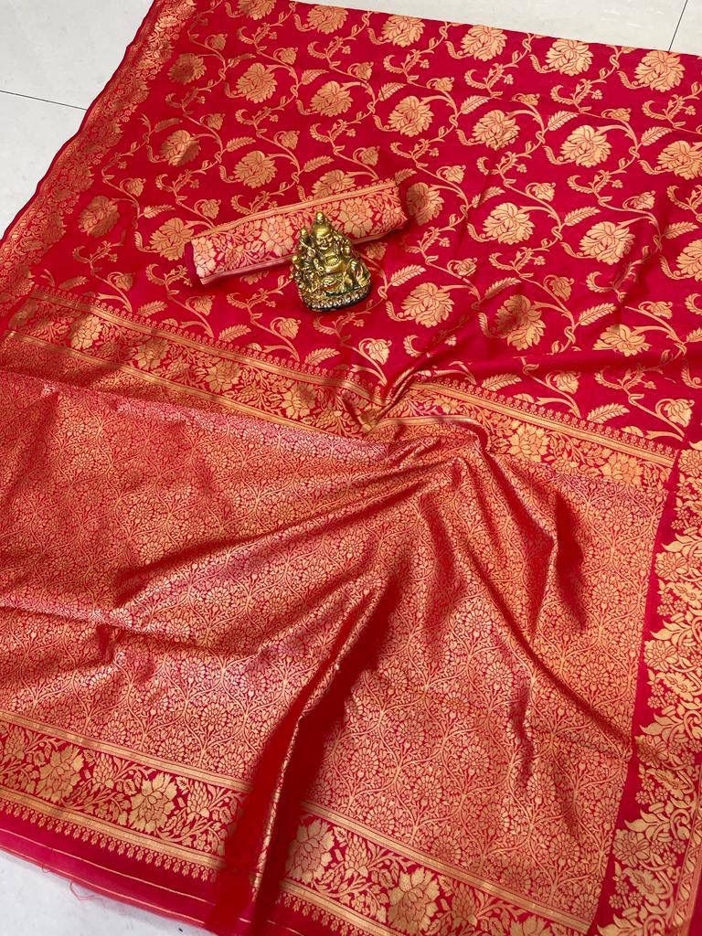 Murmurous Red Soft Banarasi Silk Saree Stylish Blouse Piece