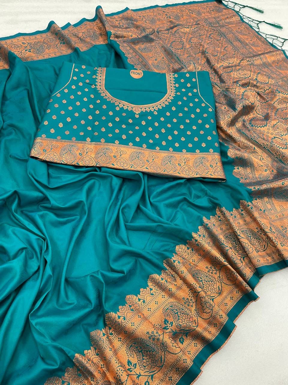 Attractive Firozi Soft Banarasi Silk Saree With Gossamer Blouse Piece