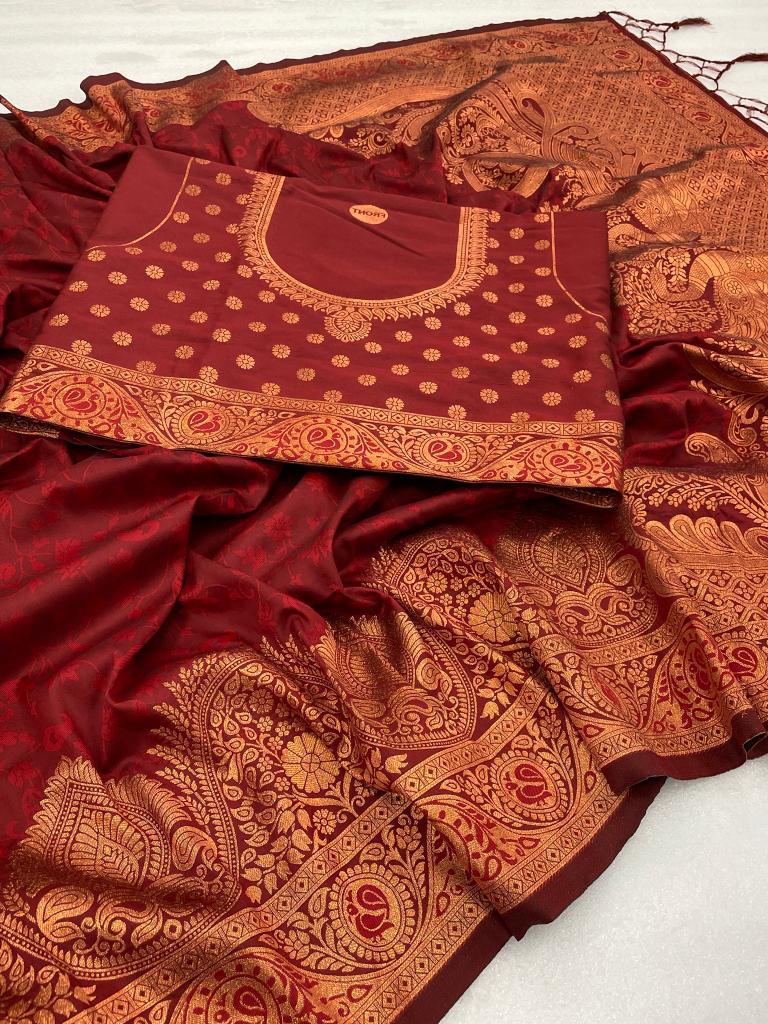 Extraordinary Maroon Soft Banarasi Silk Saree With Lagniappe Blouse Piece