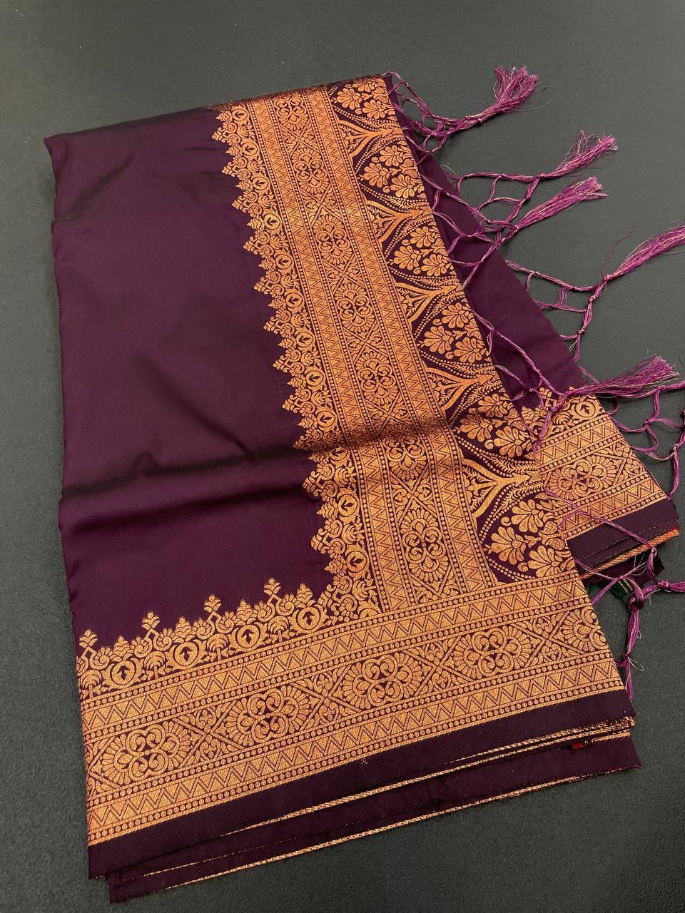 Trendy Wine Soft Banarasi Silk Saree With Lissome Blouse Piece