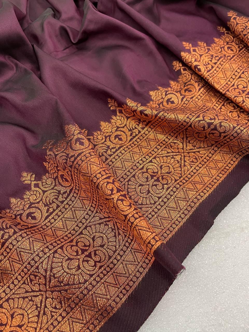 Trendy Wine Soft Banarasi Silk Saree With Lissome Blouse Piece