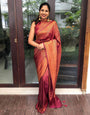 Sensational Wine Soft Silk Saree With Eye-catching Blouse Piece