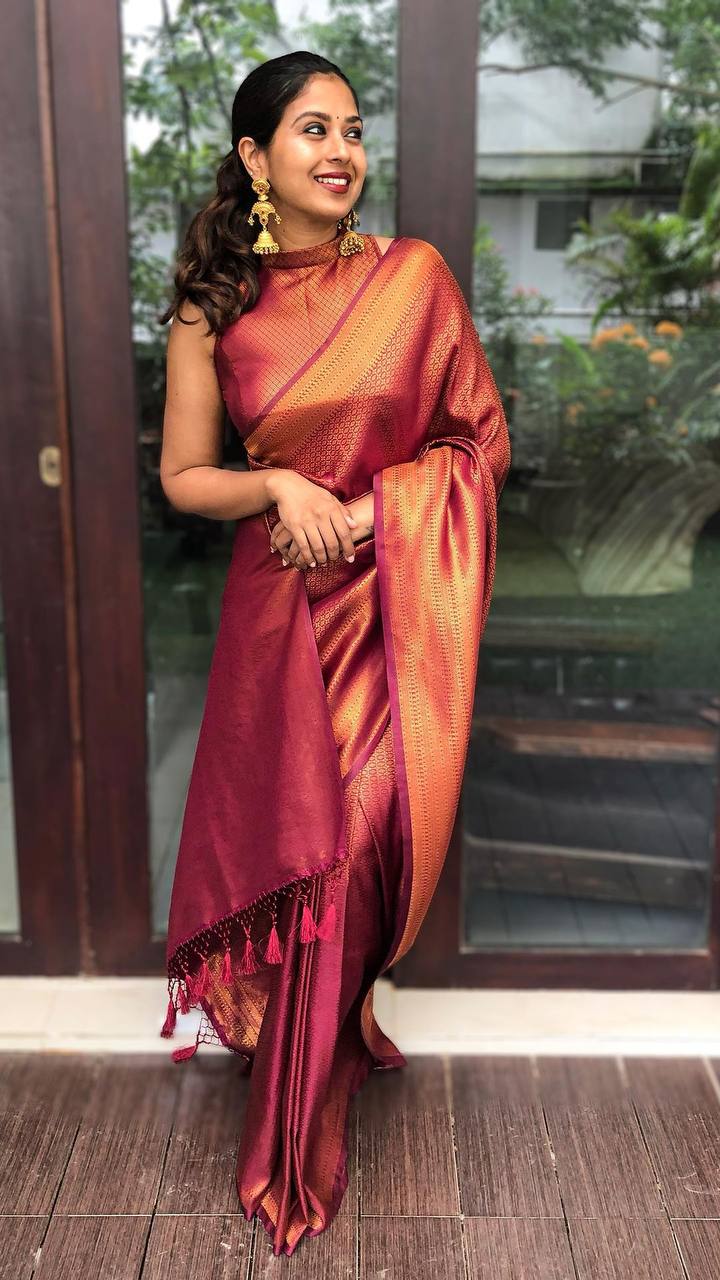 Sensational Wine Soft Silk Saree With Eye-catching Blouse Piece