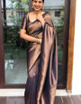 Stunner Navy Blue Soft Silk Saree with Ailurophile Blouse Piece