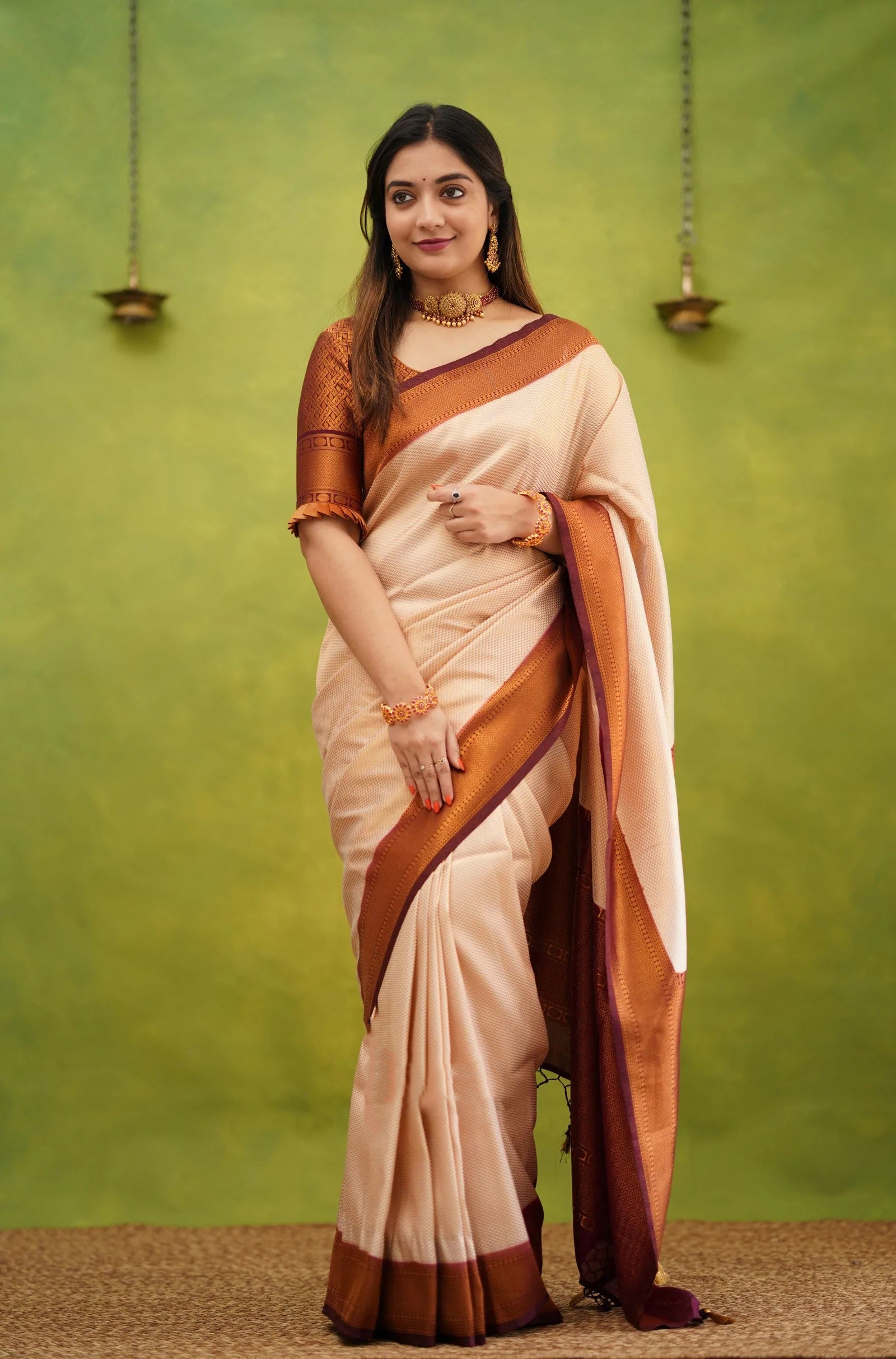 Proficient Beige Soft Banarasi Silk Saree With Demesne Blouse Piece