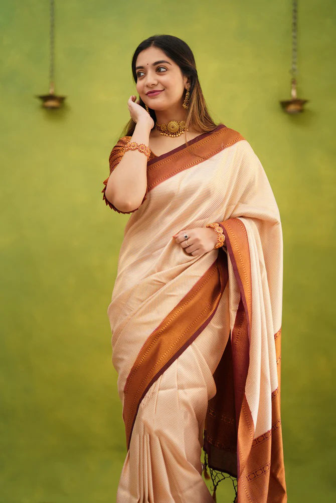 Proficient Beige Soft Banarasi Silk Saree With Demesne Blouse Piece