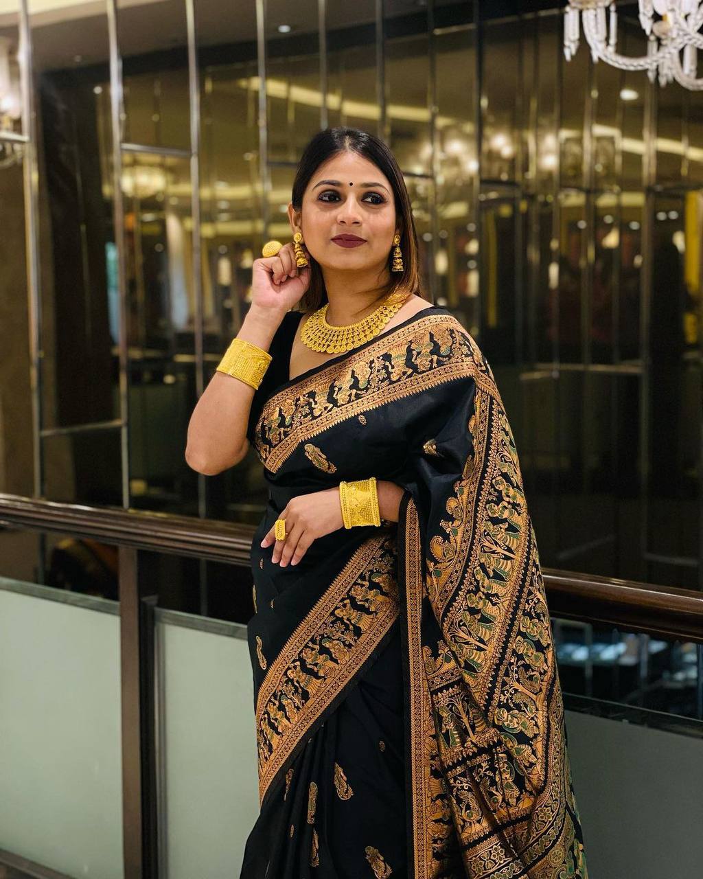 Exceptional Black Soft Banarasi Silk Saree With Embrocation Blouse Piece