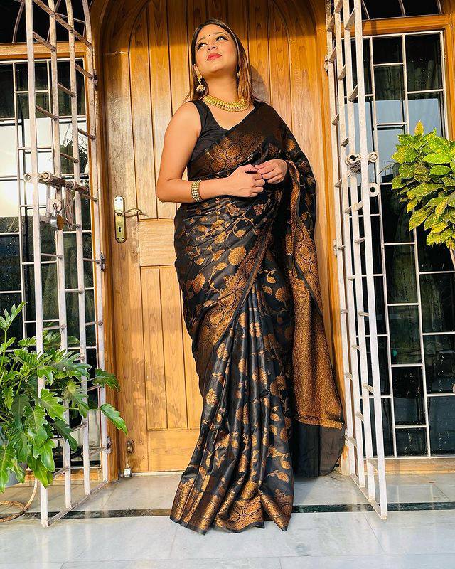 Breathtaking Black Soft Silk Saree With Epiphany Blouse Piece