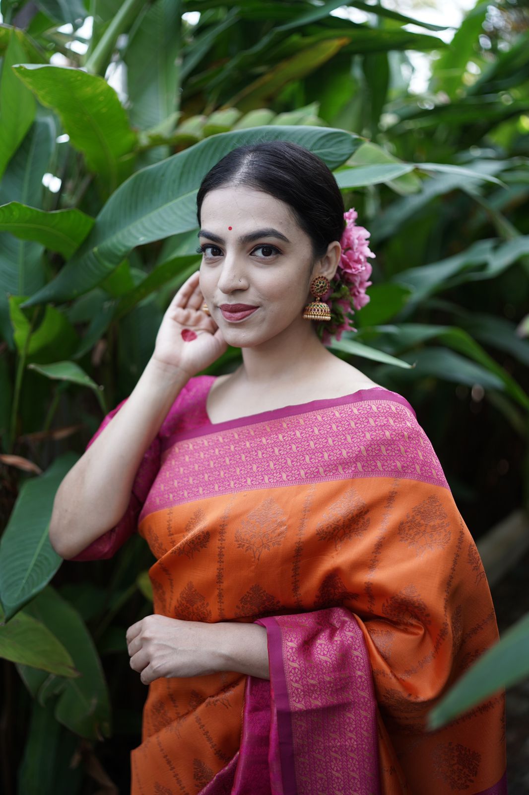 Splendorous Orange Soft Silk Saree With Petrichor Blouse Piece