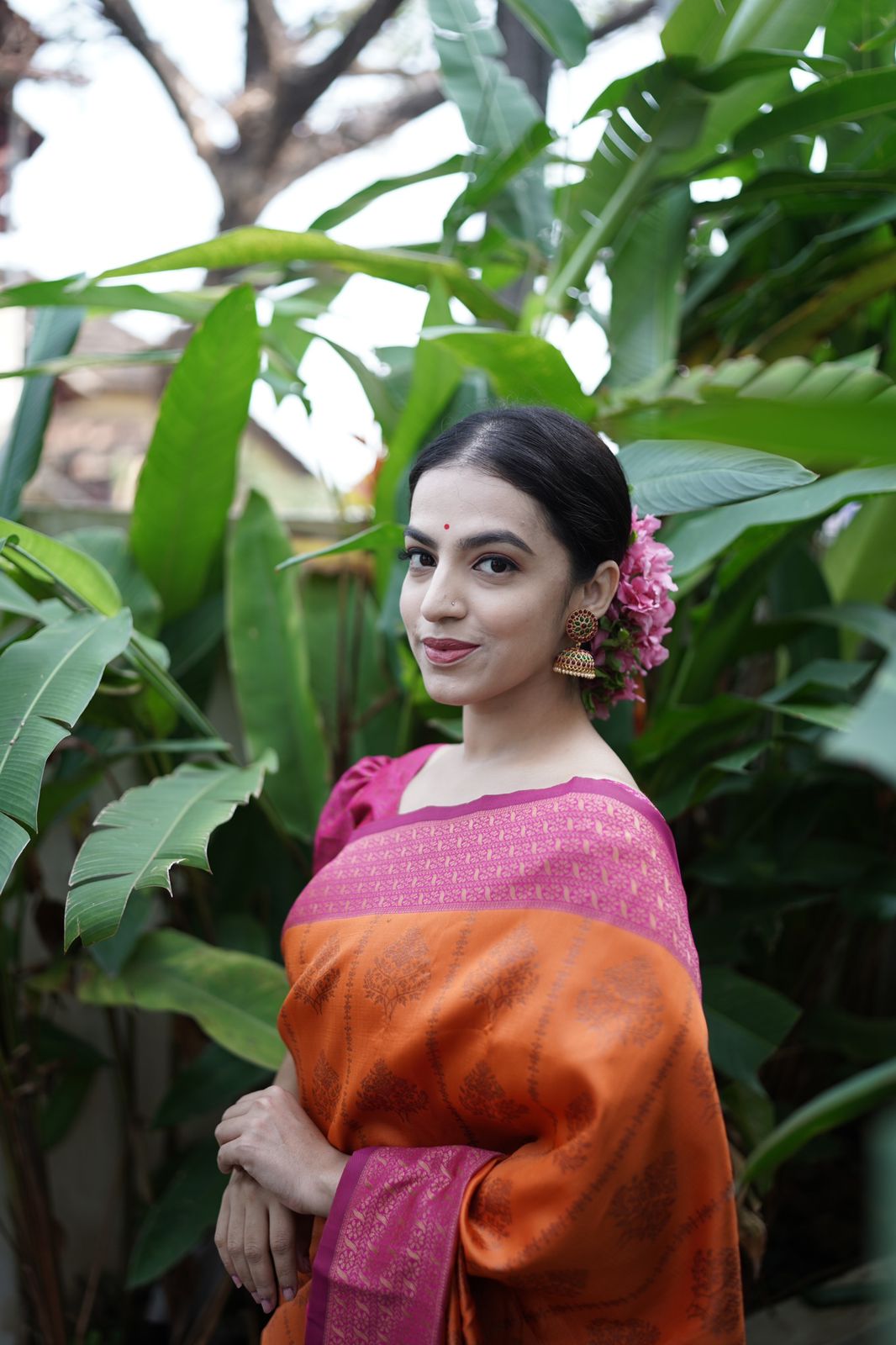 Splendorous Orange Soft Silk Saree With Petrichor Blouse Piece