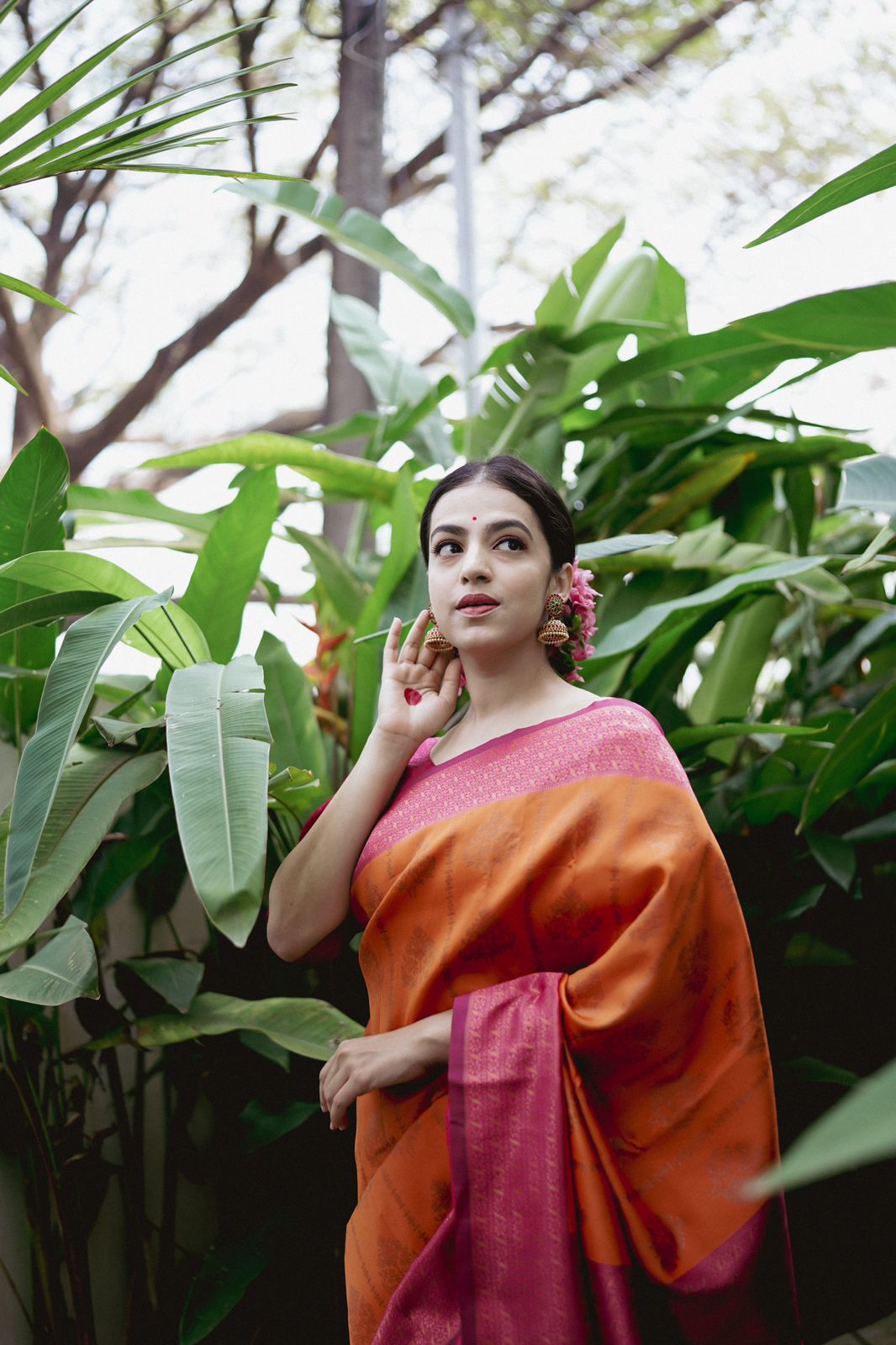 Splendorous Orange Soft Silk Saree With Petrichor Blouse Piece