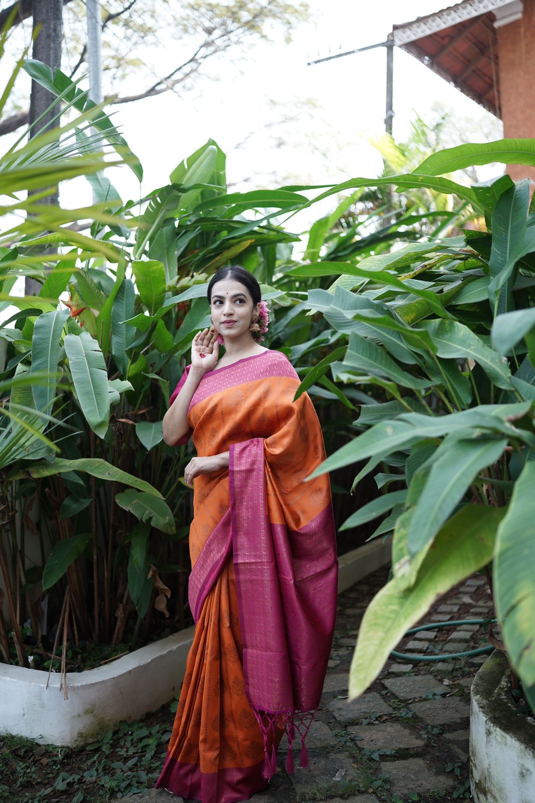 Splendorous Orange Soft Silk Saree With Petrichor Blouse Piece