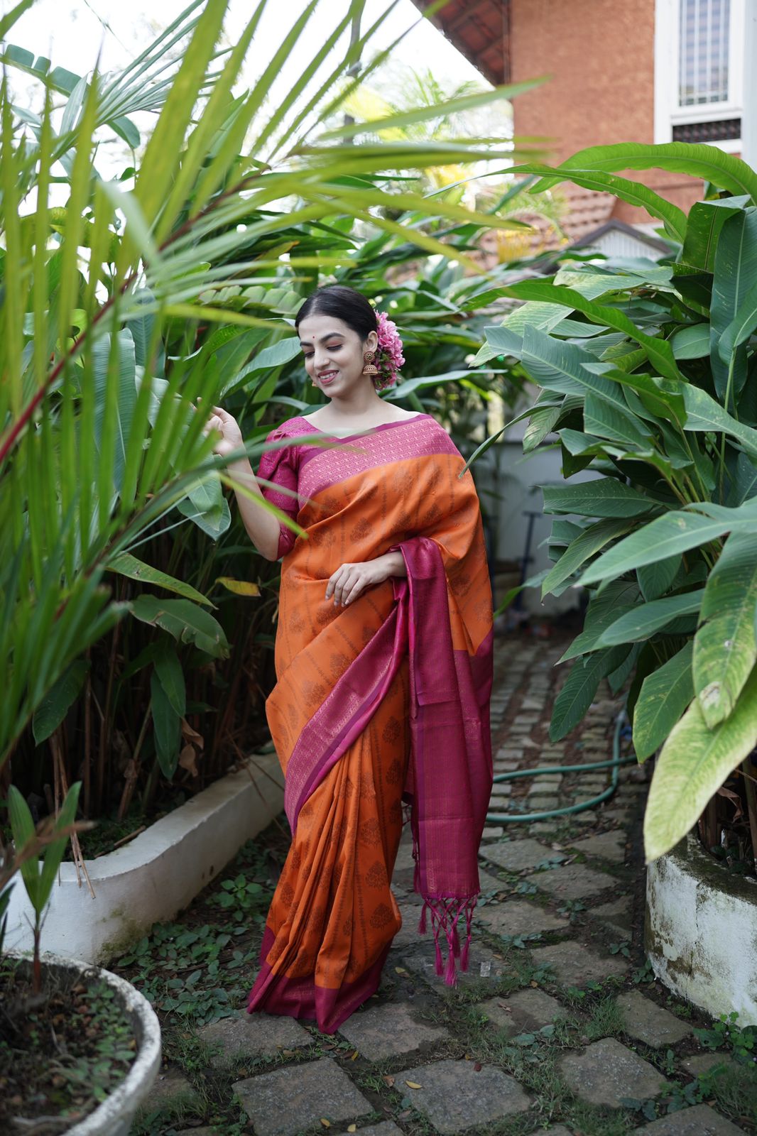 Splendorous Orange Soft Silk Saree With Petrichor Blouse Piece