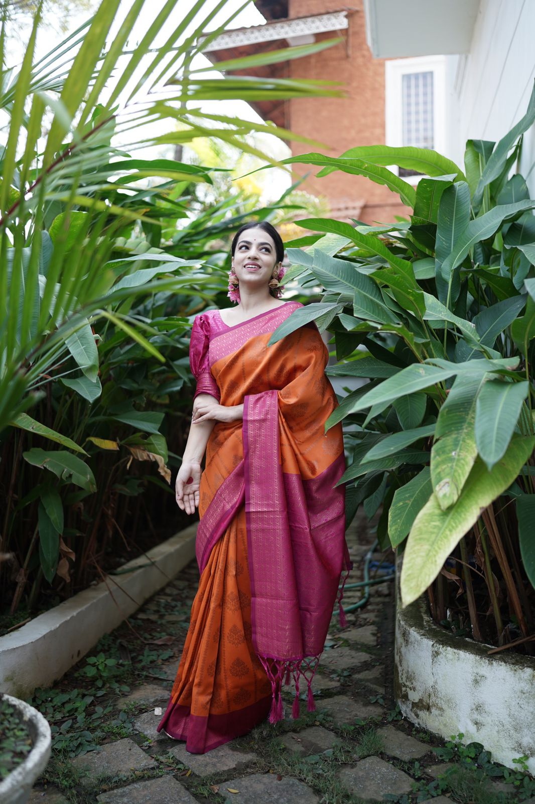 Splendorous Orange Soft Silk Saree With Petrichor Blouse Piece