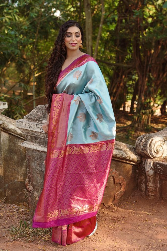 Glamorous Sky Soft Silk Saree With Incredible Blouse Piece