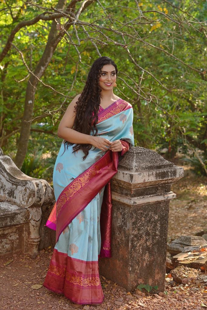 Glamorous Sky Soft Silk Saree With Incredible Blouse Piece