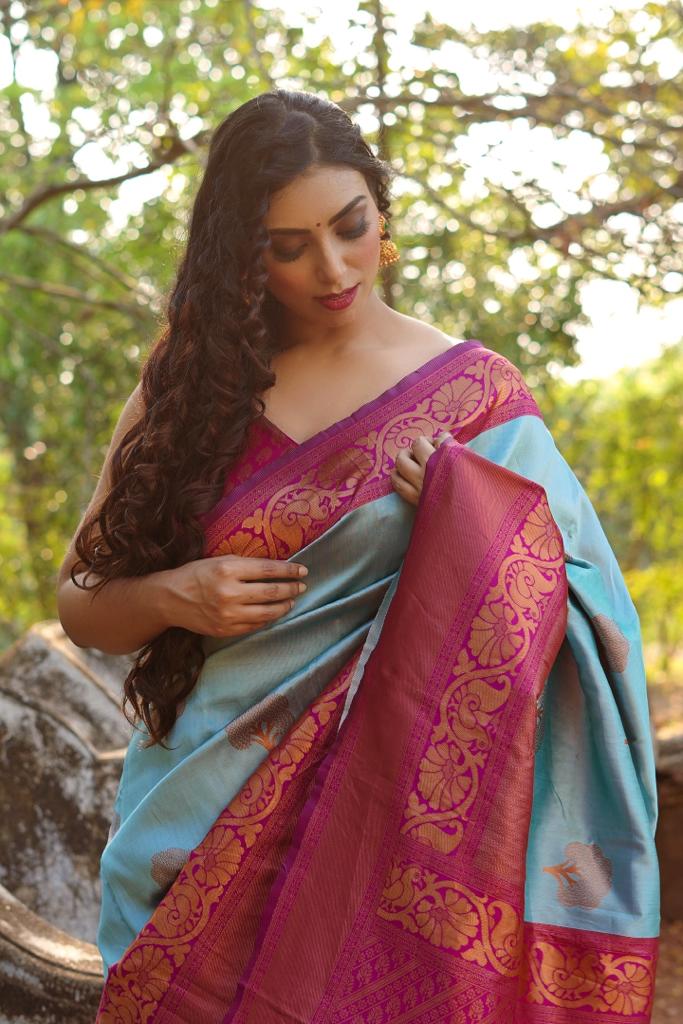 Glamorous Sky Soft Silk Saree With Incredible Blouse Piece