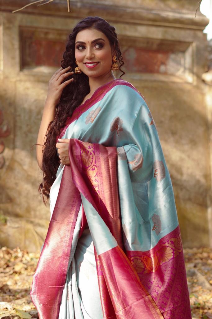 Glamorous Sky Soft Silk Saree With Incredible Blouse Piece