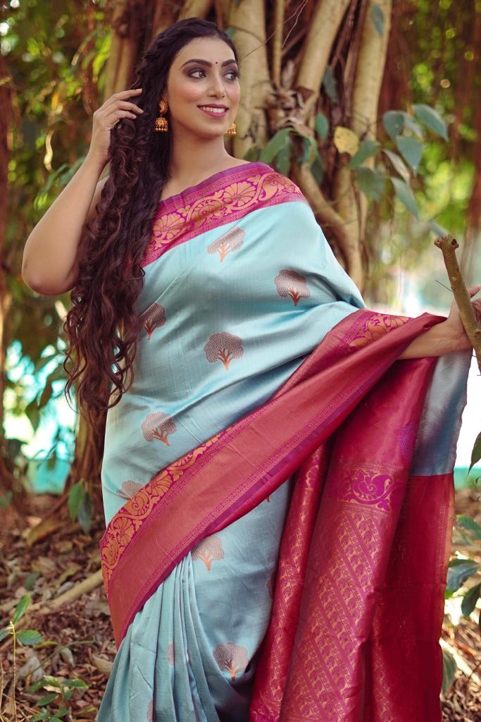 Glamorous Sky Soft Silk Saree With Incredible Blouse Piece